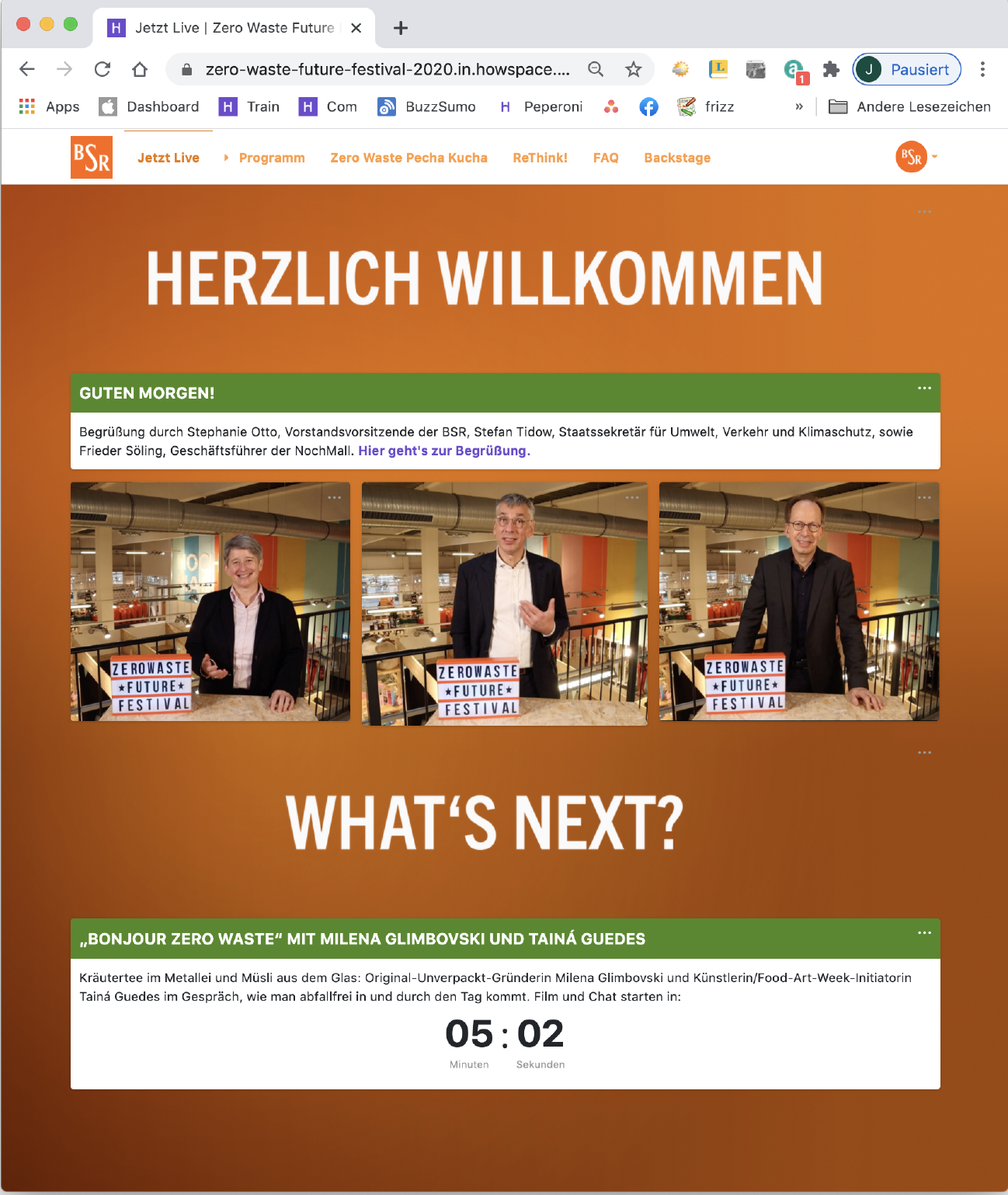 Screenshot der Online-Veranstaltung auf Howspace-Webseite vom Zero Waste Future Festival (ZWFF) 2020 von der BSR – Herzlich willkommen!