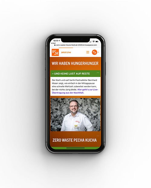 Smartphone mit Screenshot der Online-Veranstaltung auf Howspace-Webseite vom Zero Waste Future Festival (ZWFF) 2020 von der BSR – Ablauf Pecha Kucha.